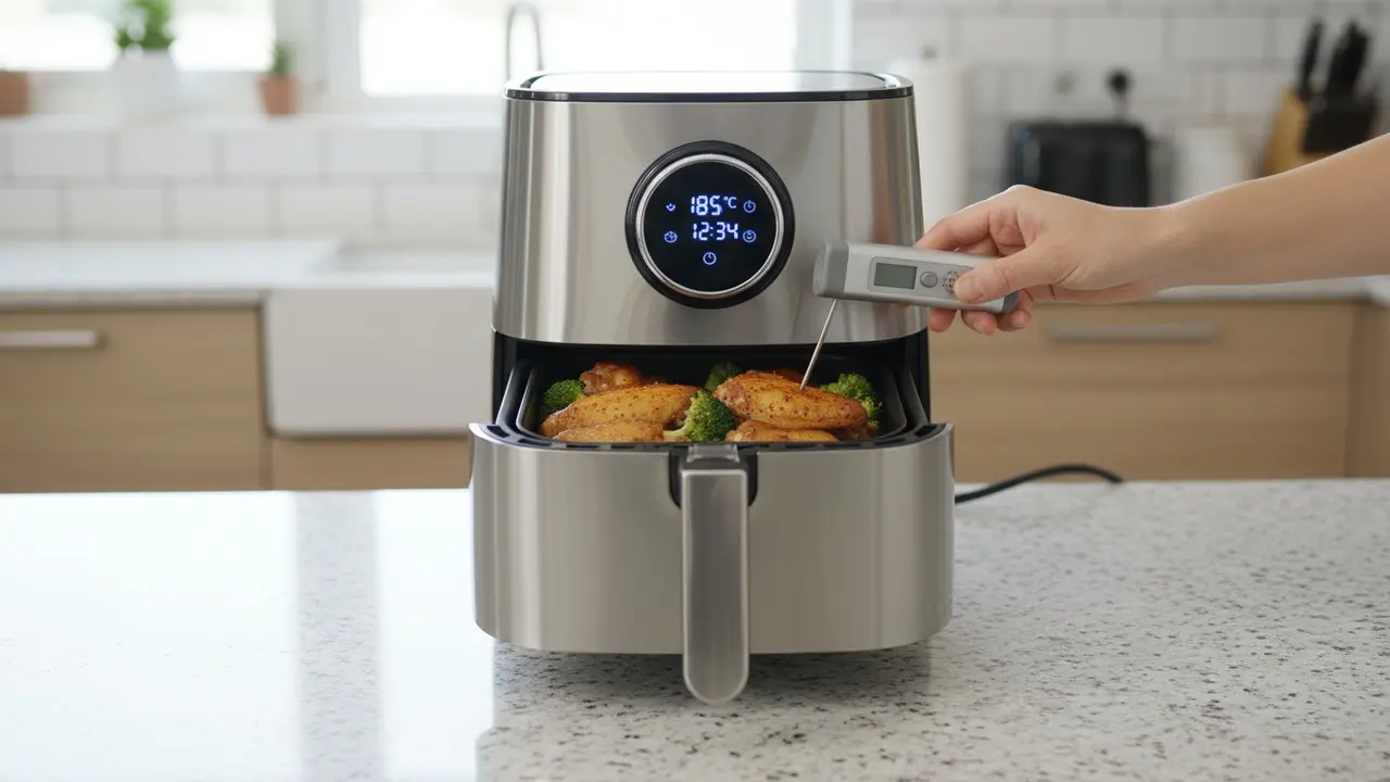 Åben airfryer med mad i kurv og hånd, der måler temperatur med termometer