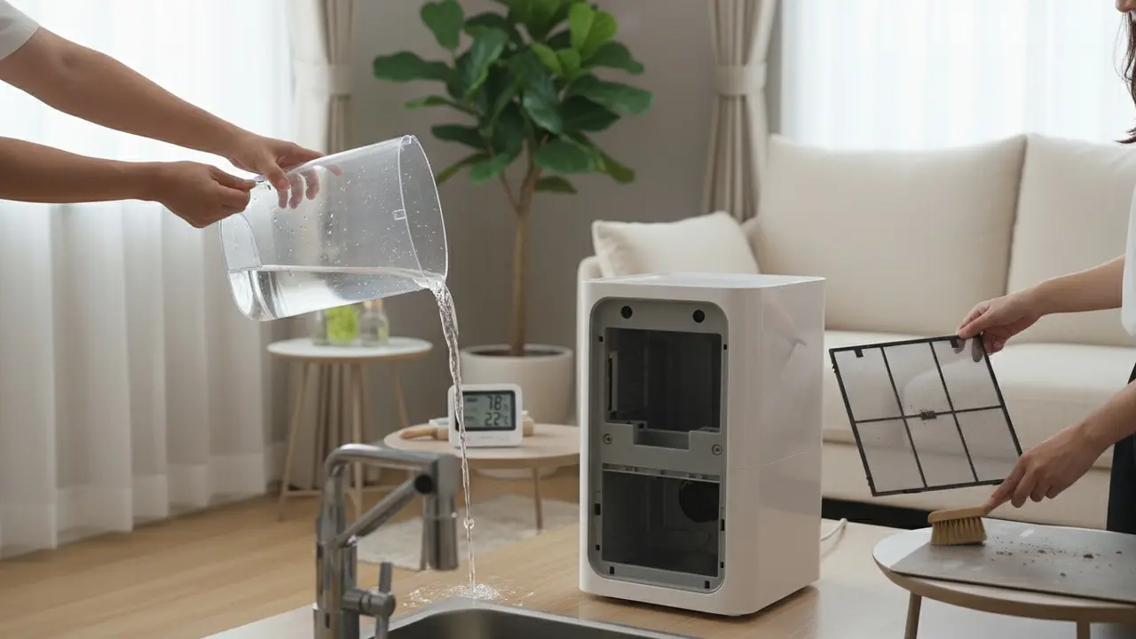 Affugter med vandtank tømt, hygrometer og person der renser luftindtag