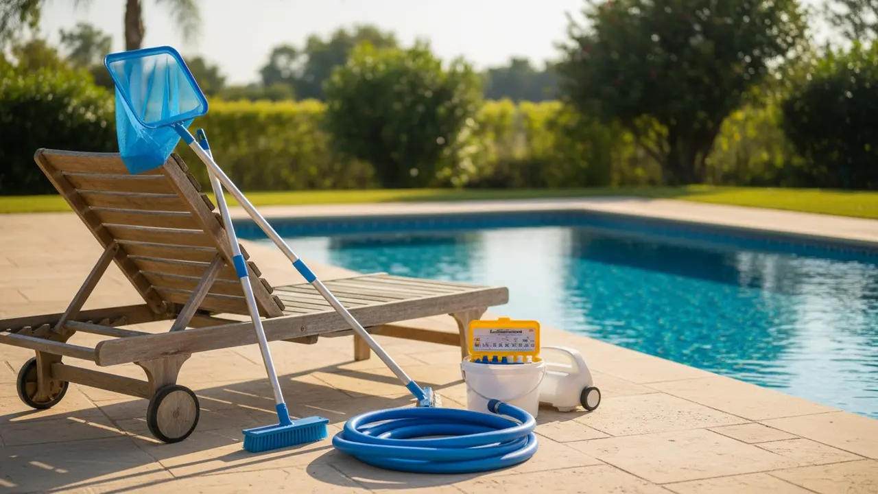 Poolredskaber lagt op på pooldækket ved en klar blå pool