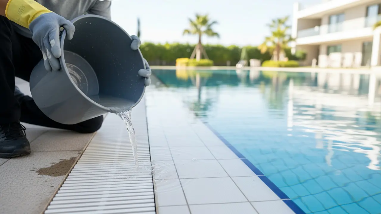 Person hælder fortyndet rengøringsopløsning langs poolkanten iført handsker