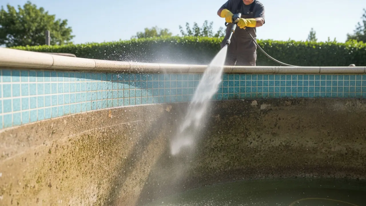 Person med højtryksrenser fjerner snavs fra poolfliser, synligt renere område