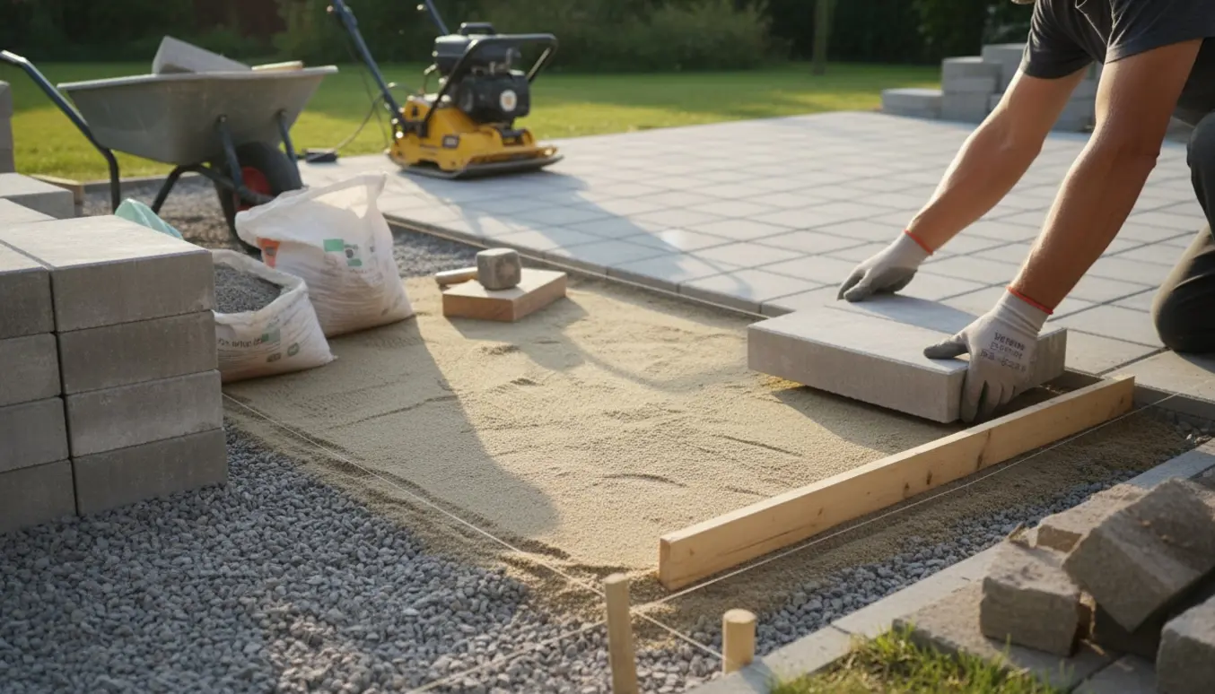 Terrasseudvidelse i en have med bunker af fliser, grus og værktøj, mens hænder placerer en flise på en ny bund.