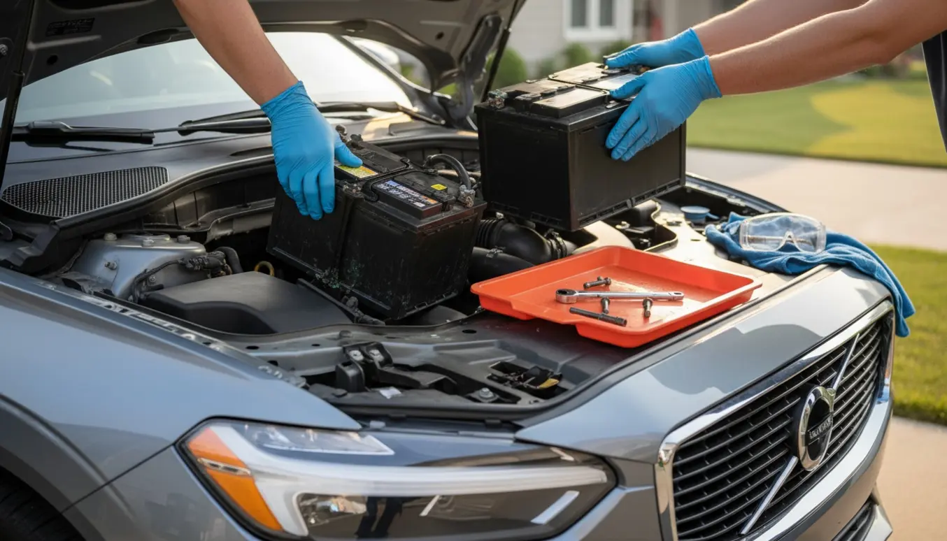 Handskerede hænder udskifter bilbatteriet i den åbne motorhjelm på en Volvo XC60.