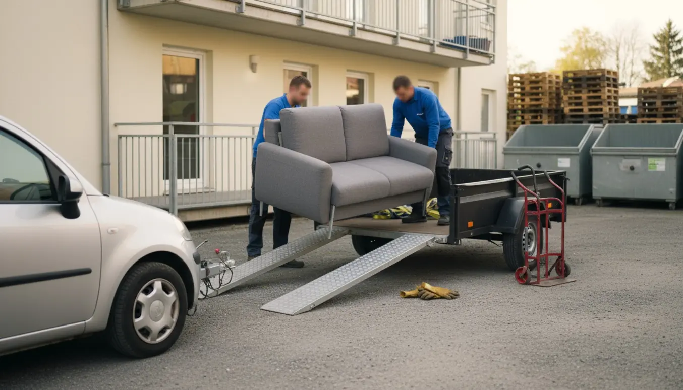 To personer sænker en sovesofa fra 1. sal ned på en trailer ved en genbrugsplads.