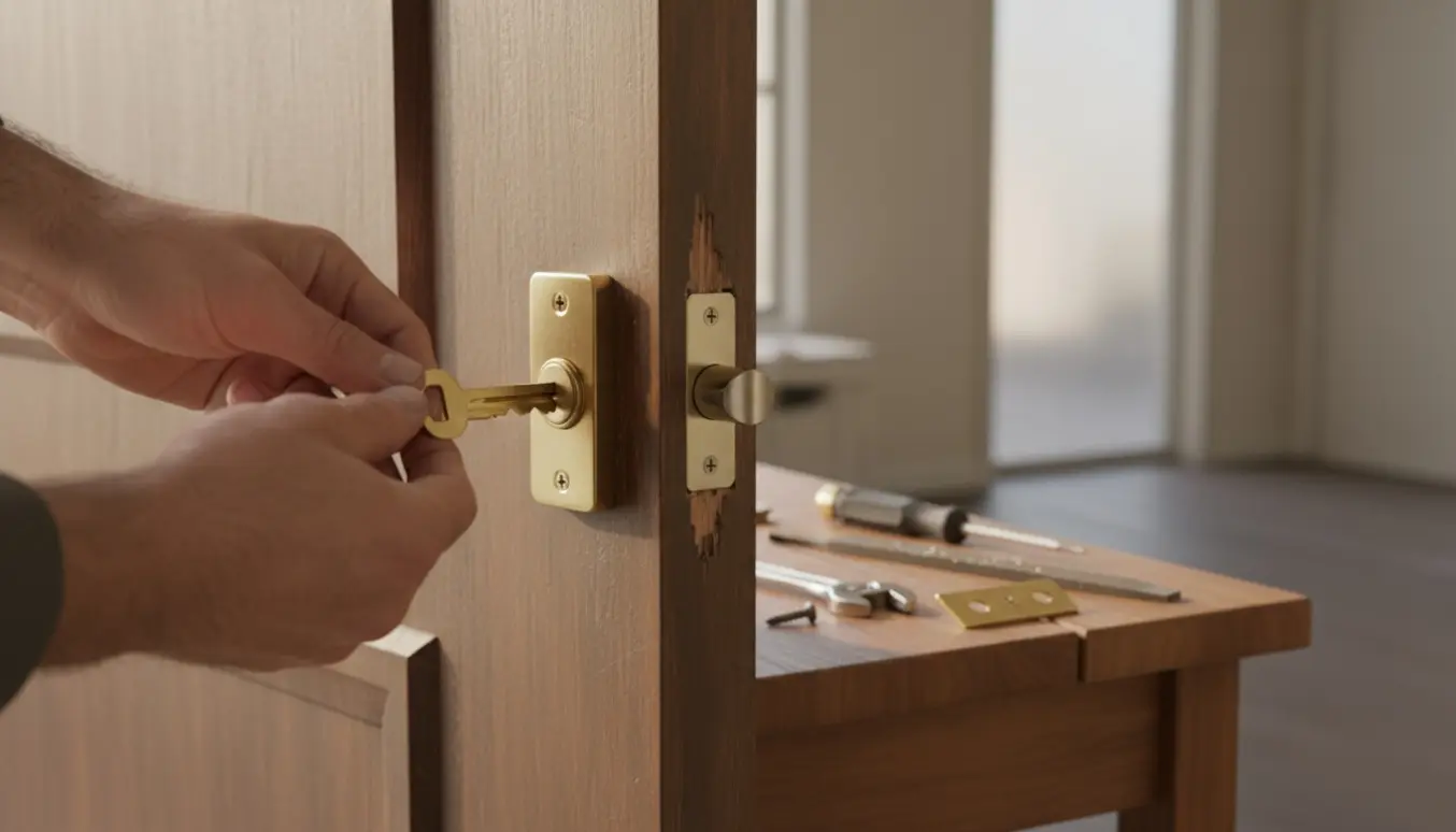 Nærbillede af hænder, der forsøger at låse en lejlighedsdør med en misaligned låsekasse og værktøj ved siden af.