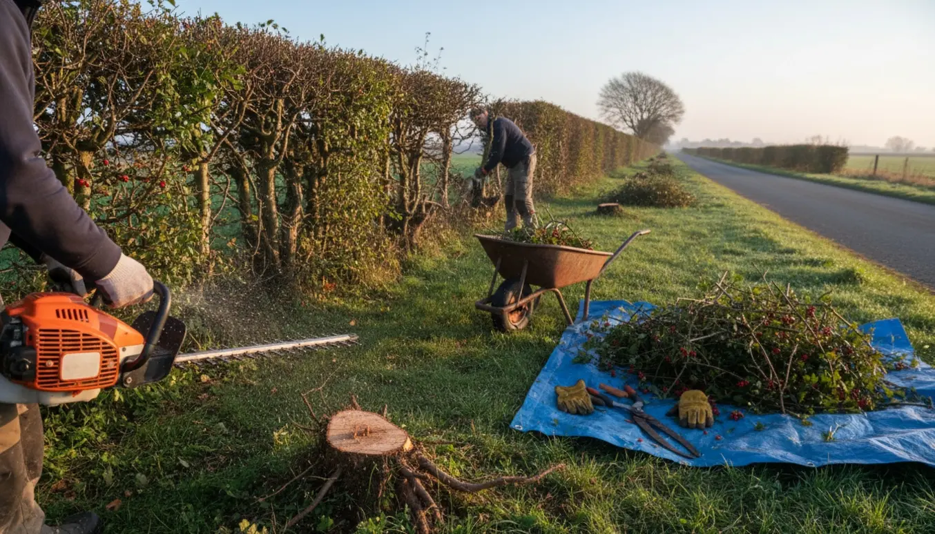 Lang tjørnehæk ved en landevej, hvor hækken klippes og grene samles i en trillebør.