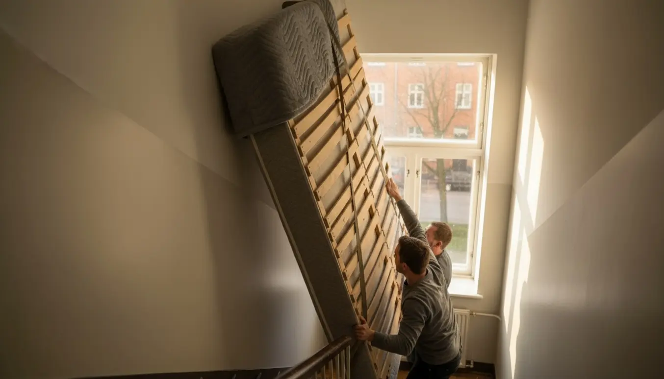 To flyttemænd bærer en 140x200 boxmadras med meder op ad en lys trappeopgang uden synlige ansigter.
