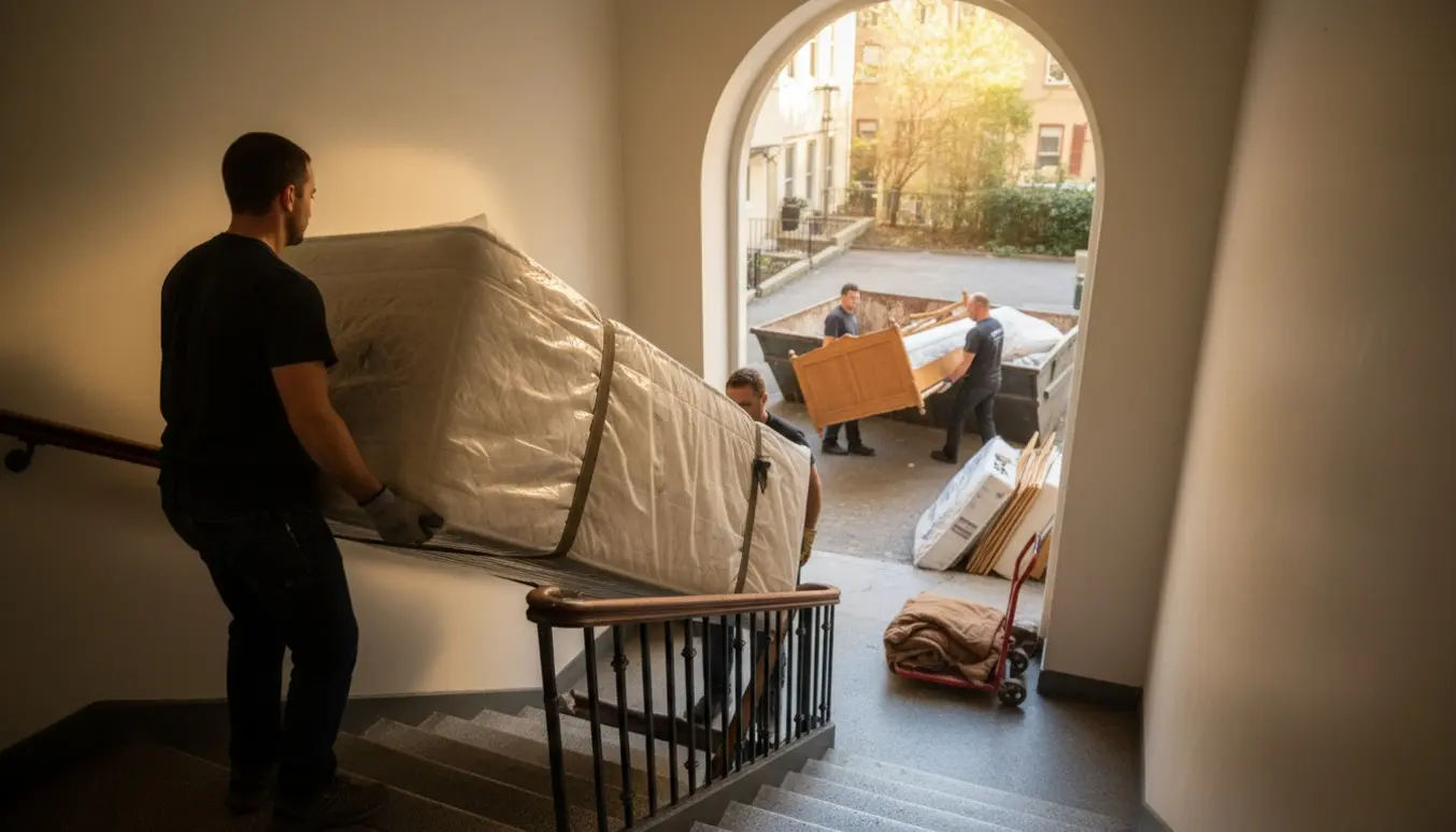 Flyttemedarbejdere bærer en tung seng op ad en trappe, mens en anden bæres ned til gårdens storskrald.
