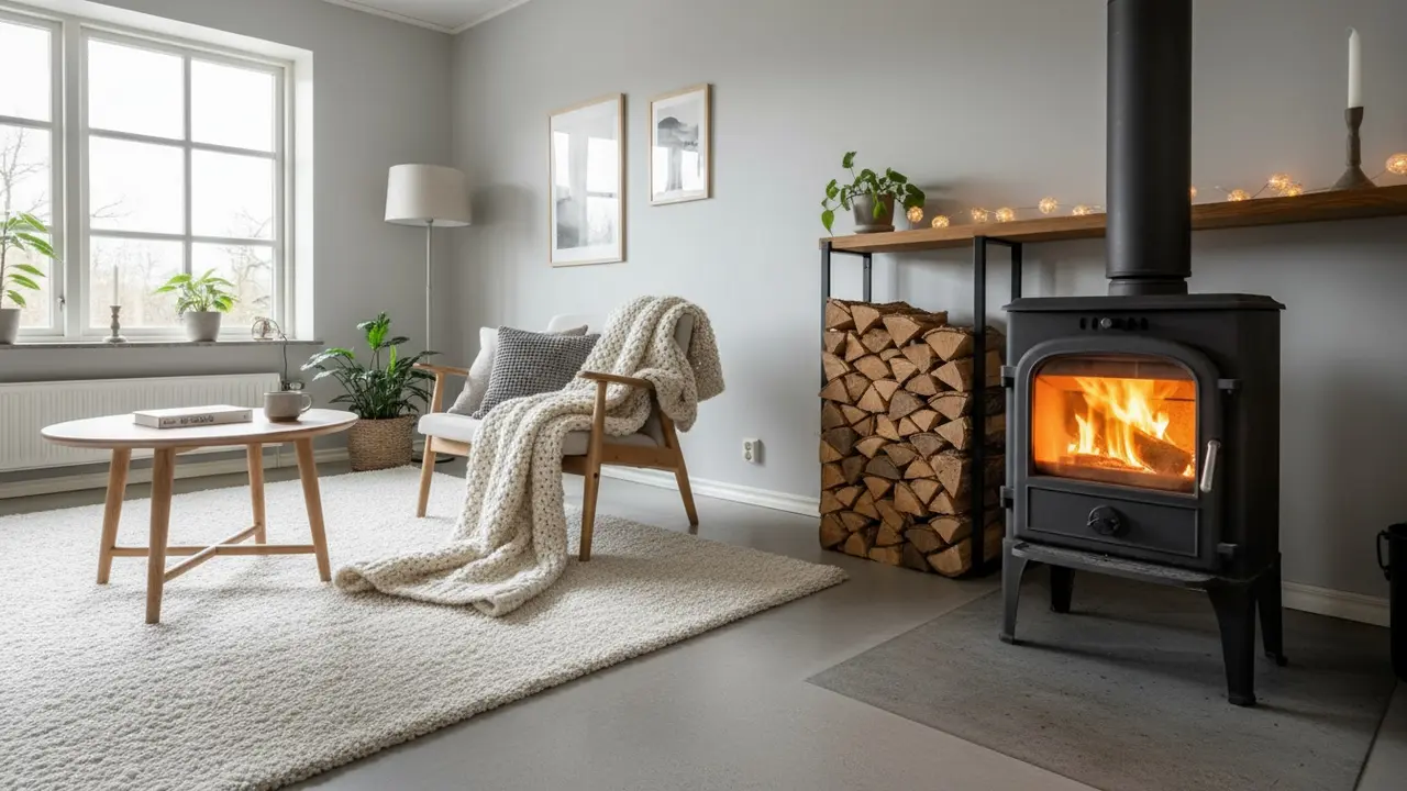 Hyggelig stue med tændt brændeovn, ild i glasset og stablet brænde