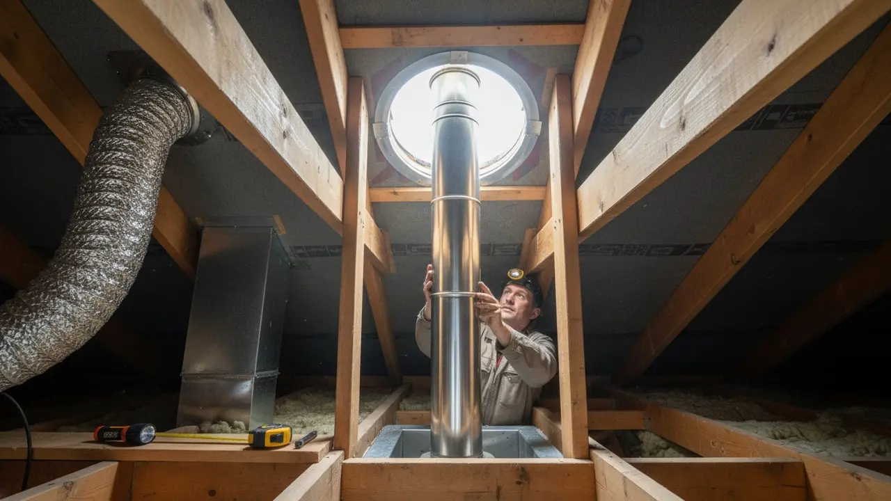 Tekniker inspicerer isoleret skorstensrør i loftsrummet med korrekt afstand til træværk