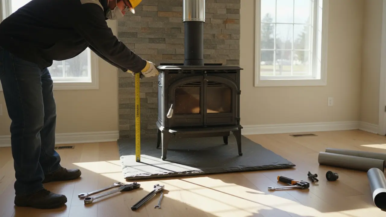 Montering af brændeovn på ildfast plade med montør, røgrør og målebånd synligt