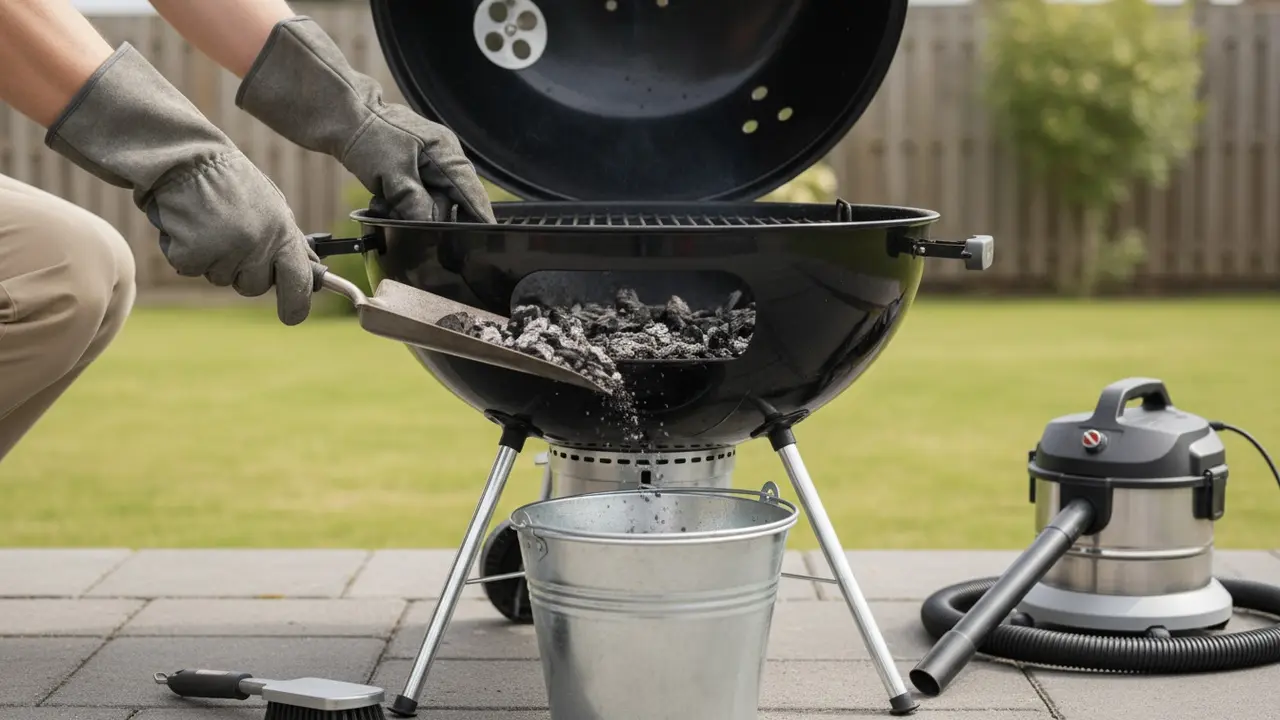 Person fjerner aske fra en åben kulgrill med skovl og handsker ved siden af grillbørste.