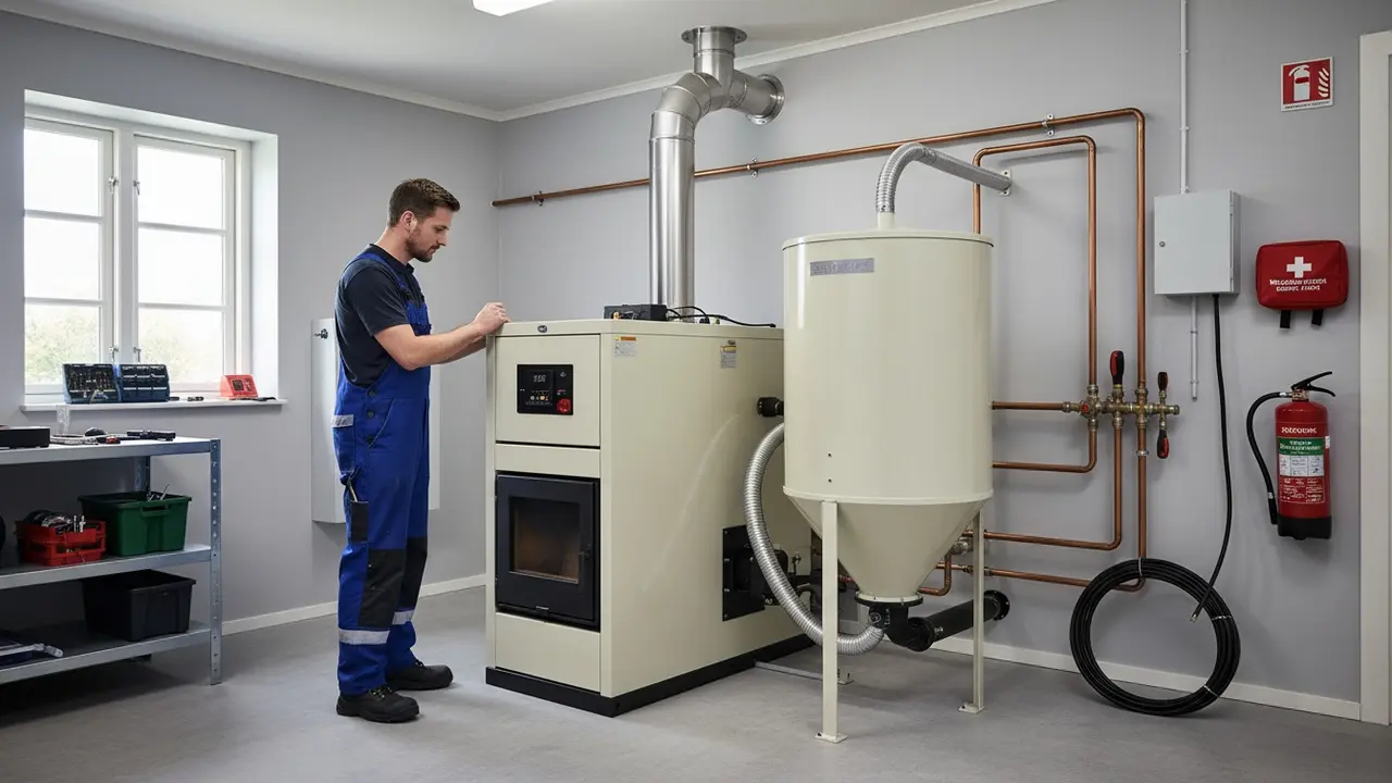 Teknikrum med installeret pillefyr, pellethopper, rørføring og tekniker ved kontrolpanel