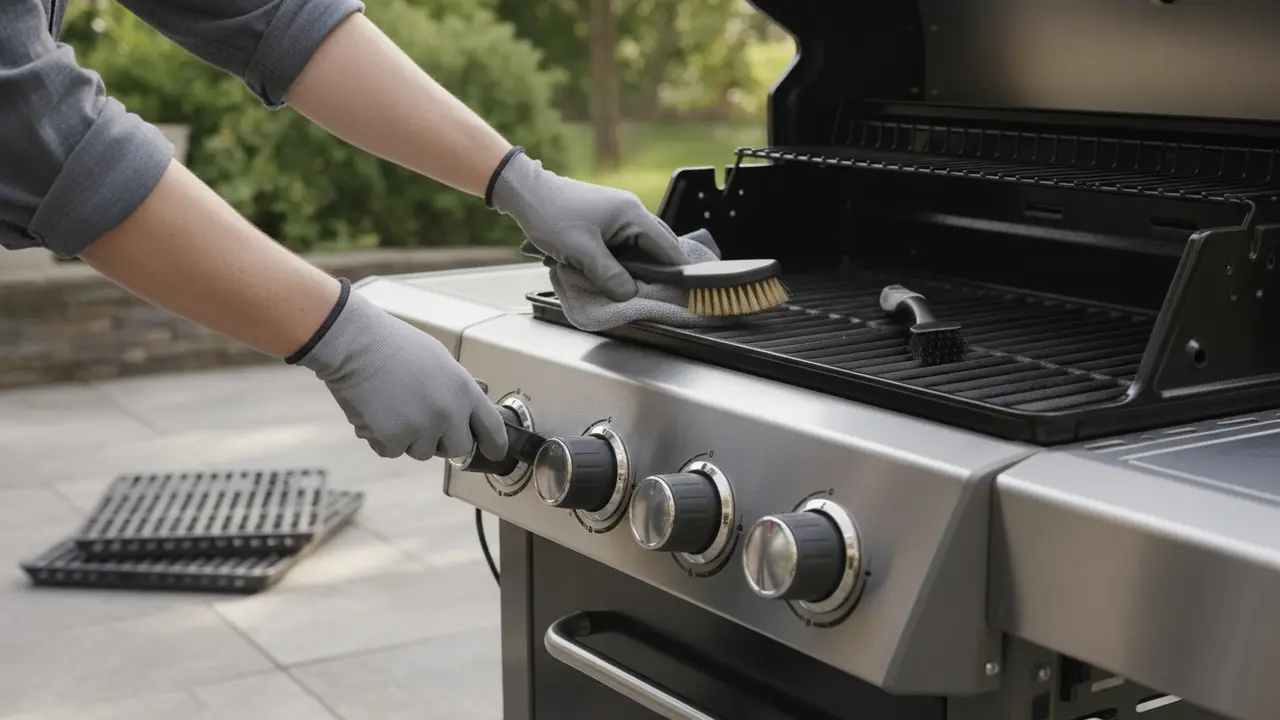 Hænder der slukker gasforsyningen på en gasgrill med afmonterede riste og rengøringsredskaber klar.