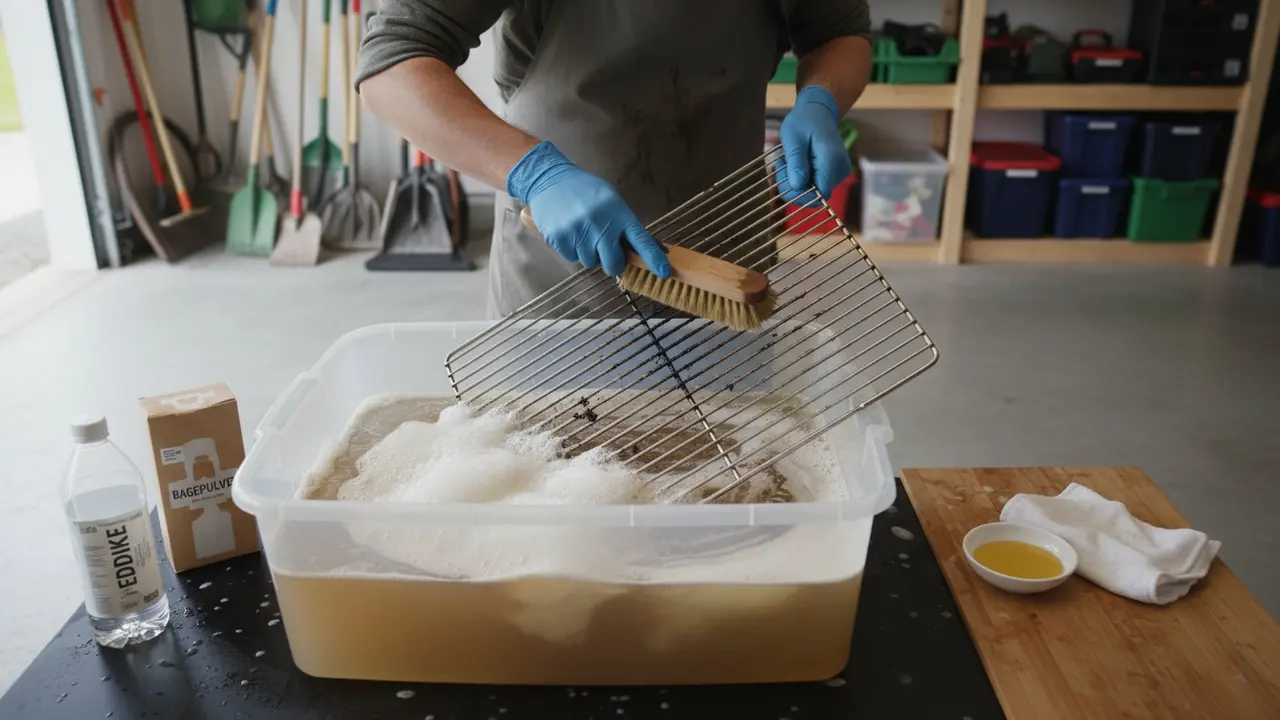 Grillrist i blød i sæbevand med eddike og en person, der skrubber risten, olie klar til efterbehandling.