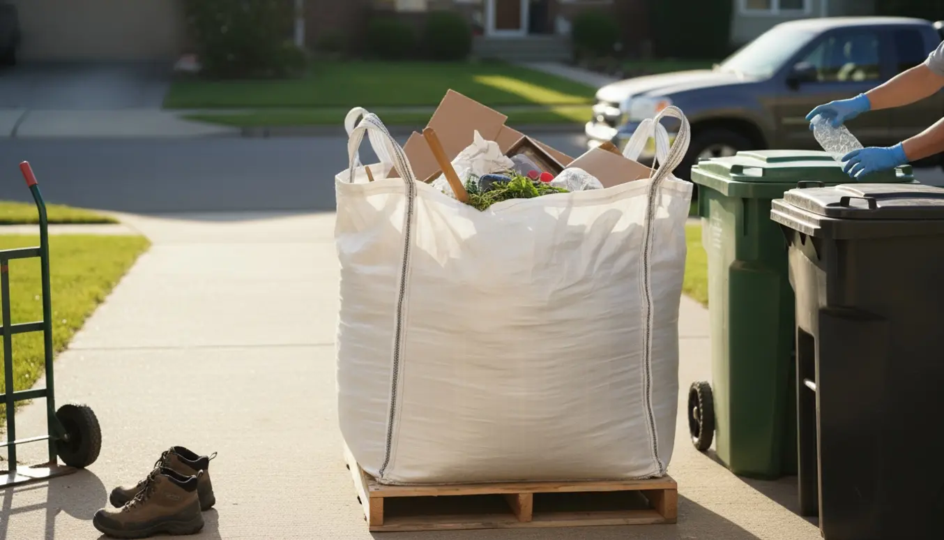Åben big bag med affald på indkørsel, hvor handskerede hænder fjerner affald til skralde- og genbrugsspande.