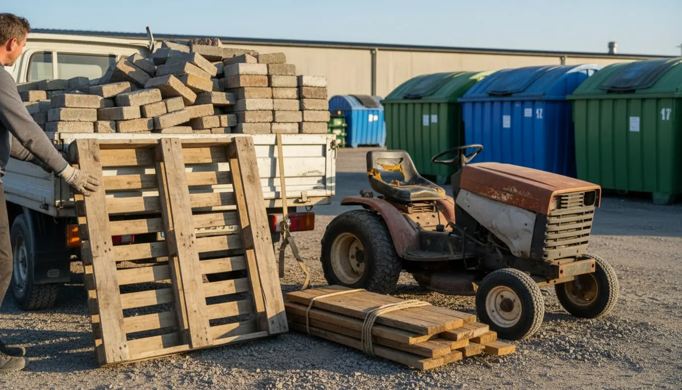 Åben ladbil ved genbrugsplads med betonfliser, herregårdssten, to paller, træstak og en defekt havetraktor klar til aflevering.