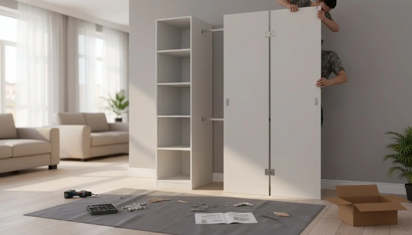 To personer monterer et delvist samlet IKEA PAX-garderobeskab med et bredt og et smalt lågepanel og værktøj på gulvet.