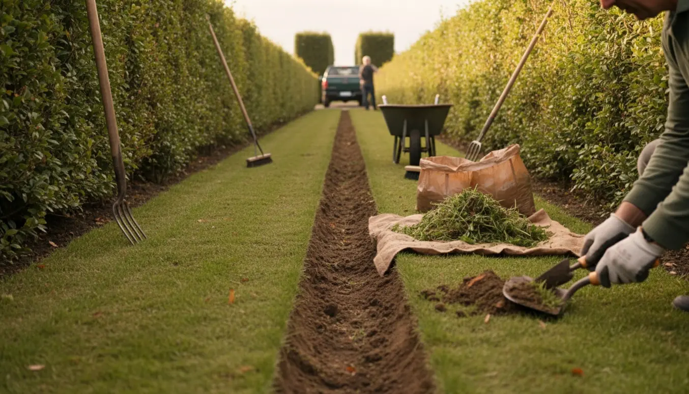 Havearbejder fjerner ukrudt og laver en skarp kant langs begge sider af en lang hæk med værktøj og trillebør i baggrunden.