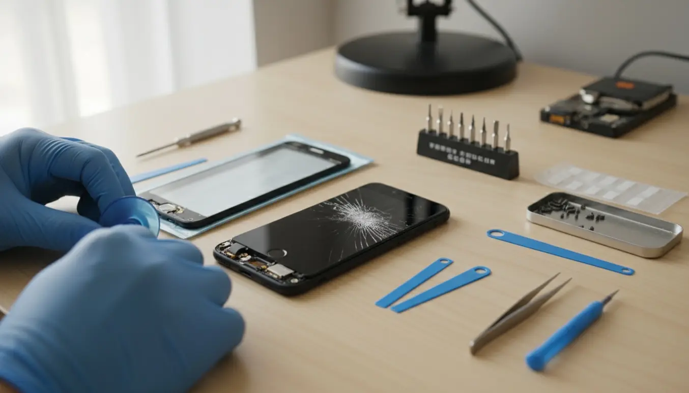 Hænder udskifter skærmen på en iPhone 7 på et ryddeligt arbejdsbord med reparationsværktøj.