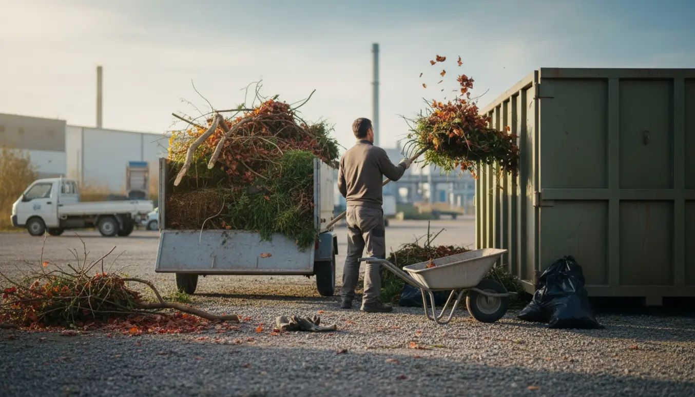 Trailer fyldt med haveaffald losses i en stor grøn container ved en forbrændingsplads.