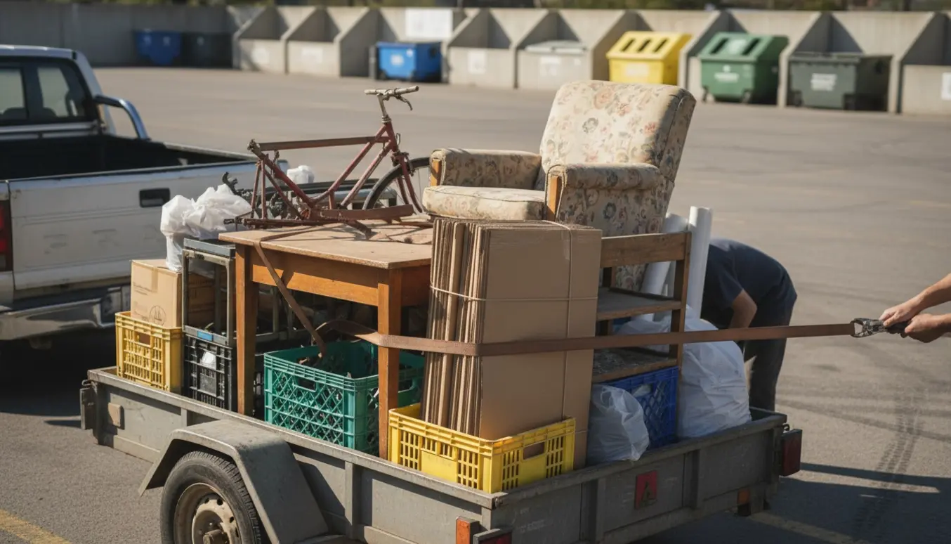 En varebil med en påhængsvogn fyldt med møbler, pap og metal ved en genbrugsplads, mens hænder spænder en surringsrem.