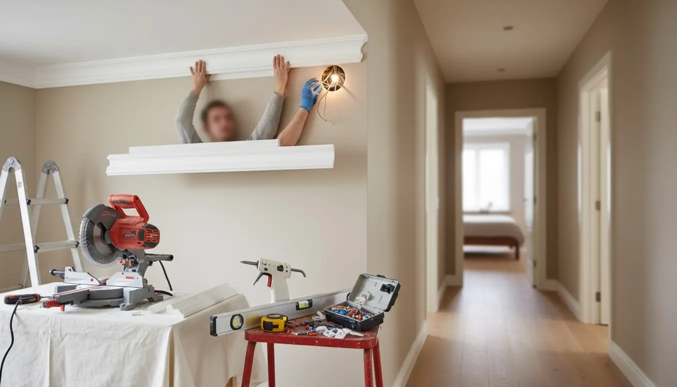 Installering af stuklister og indbyggede spots i gang og stue med værktøj og hænder i arbejde.