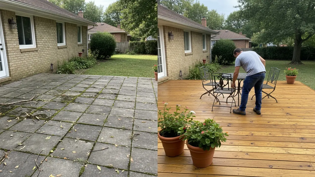 Før/efter terrasse: venstre alge- og snavsbelagt, højre nyvasket og indbydende