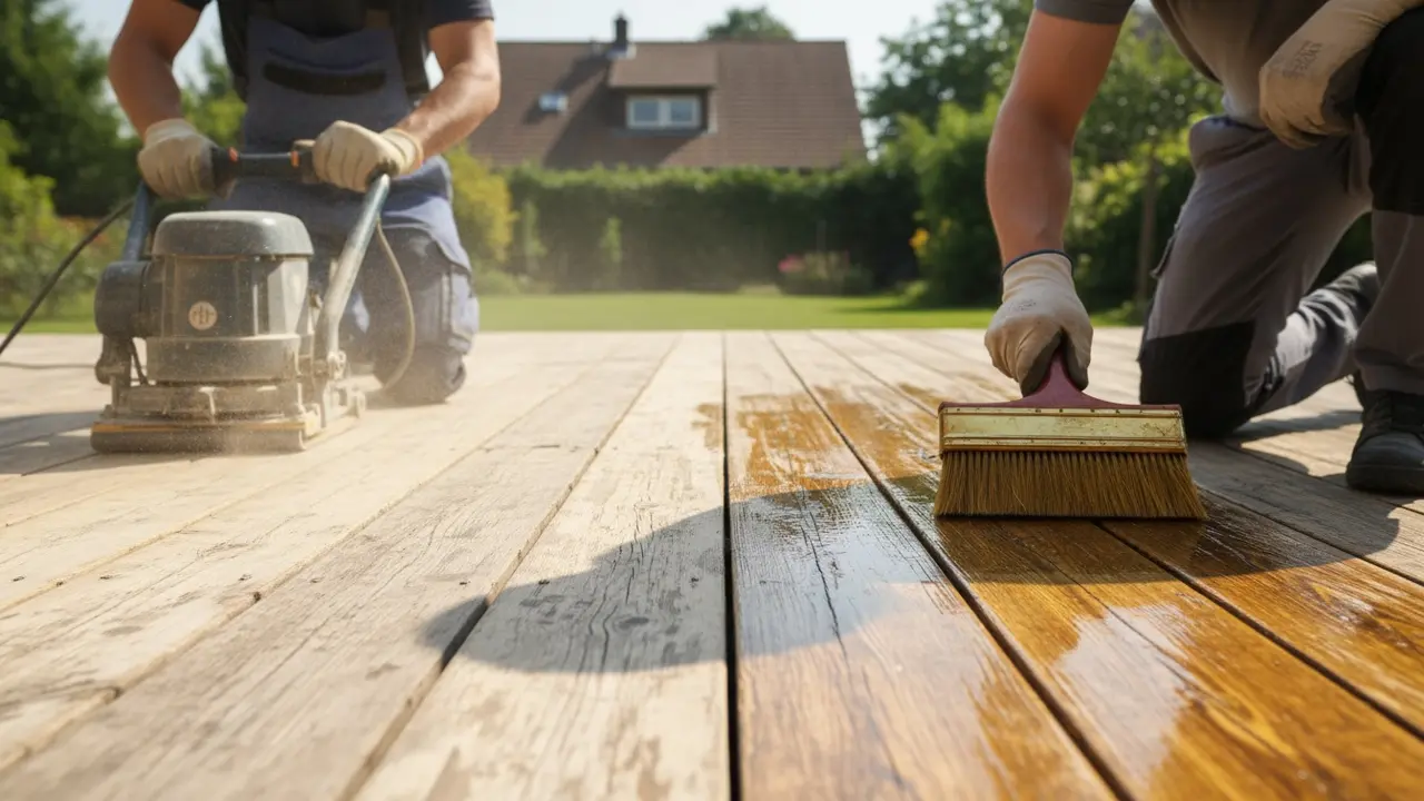 Person sliber træterrasse og efterbehandler med træolie langs åreretningen