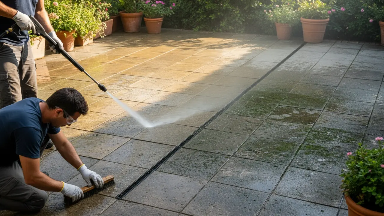 Højtryksspuling af fliser kombineret med skrubning af fuger, sikkerhedsudstyr synligt