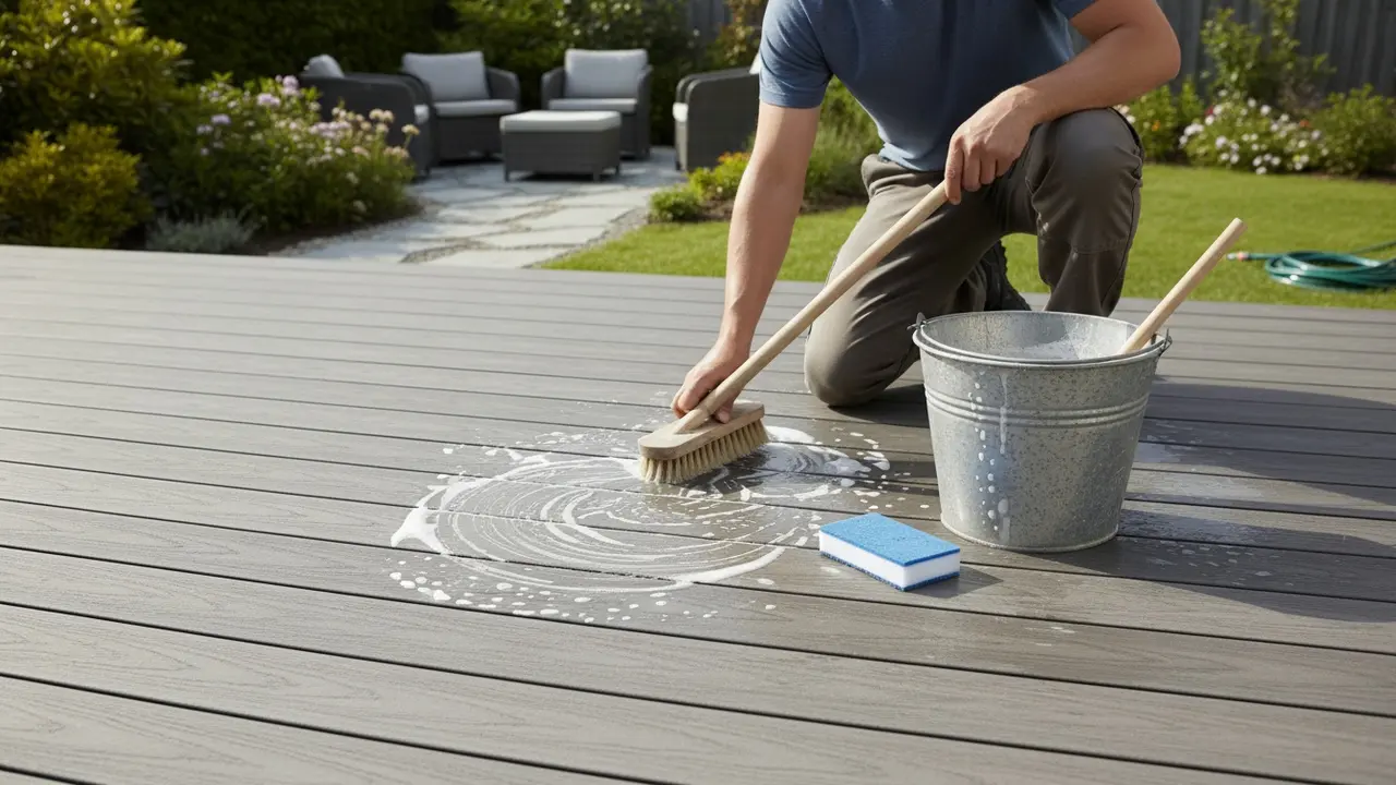 Person vasker kompositterrasse med blød børste og mild sæbe uden højtryk