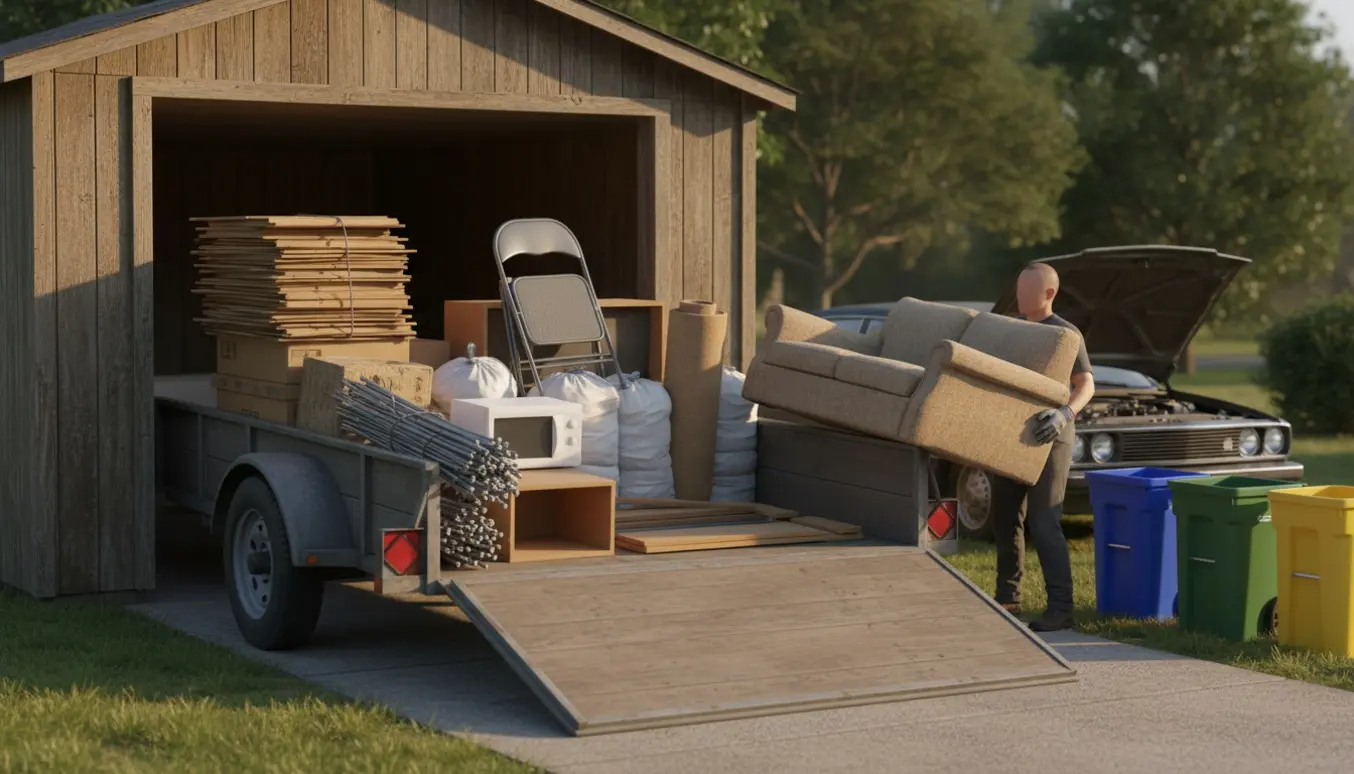 Stor trailer på indkørsel halvt fyldt med sorterede genstande fra et skur, to personer læsser med ryggen til.
