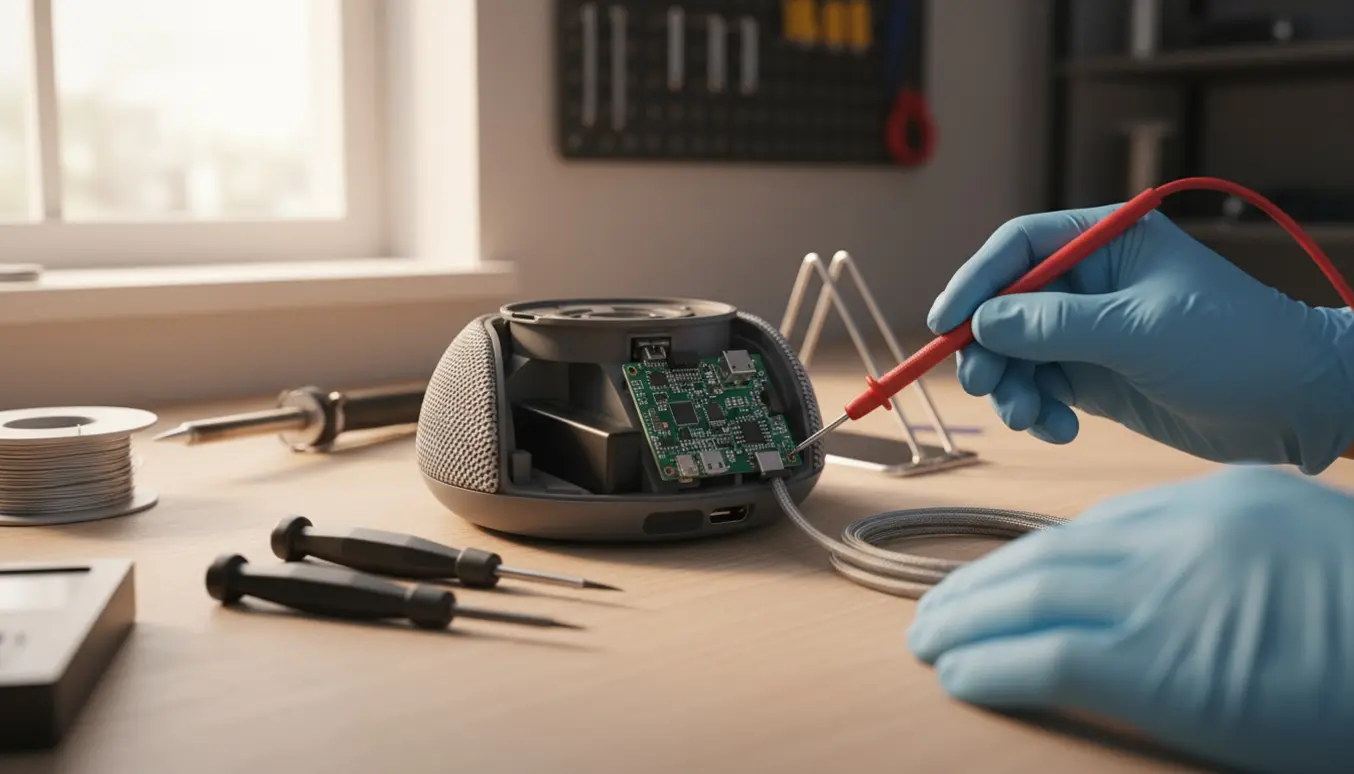 En tekniker undersøger en åben rund bærbar Bluetooth-højttaler på et ryddet værkstedsbord med multimeter og ladekabel.