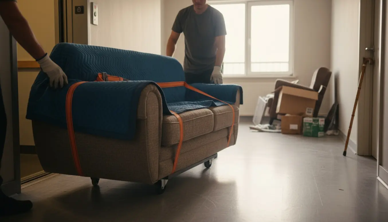 To flyttemænd bærer en sovesofa ud af elevatoren mod storskraldsområdet omkring hjørnet, mens en stok står i døren.