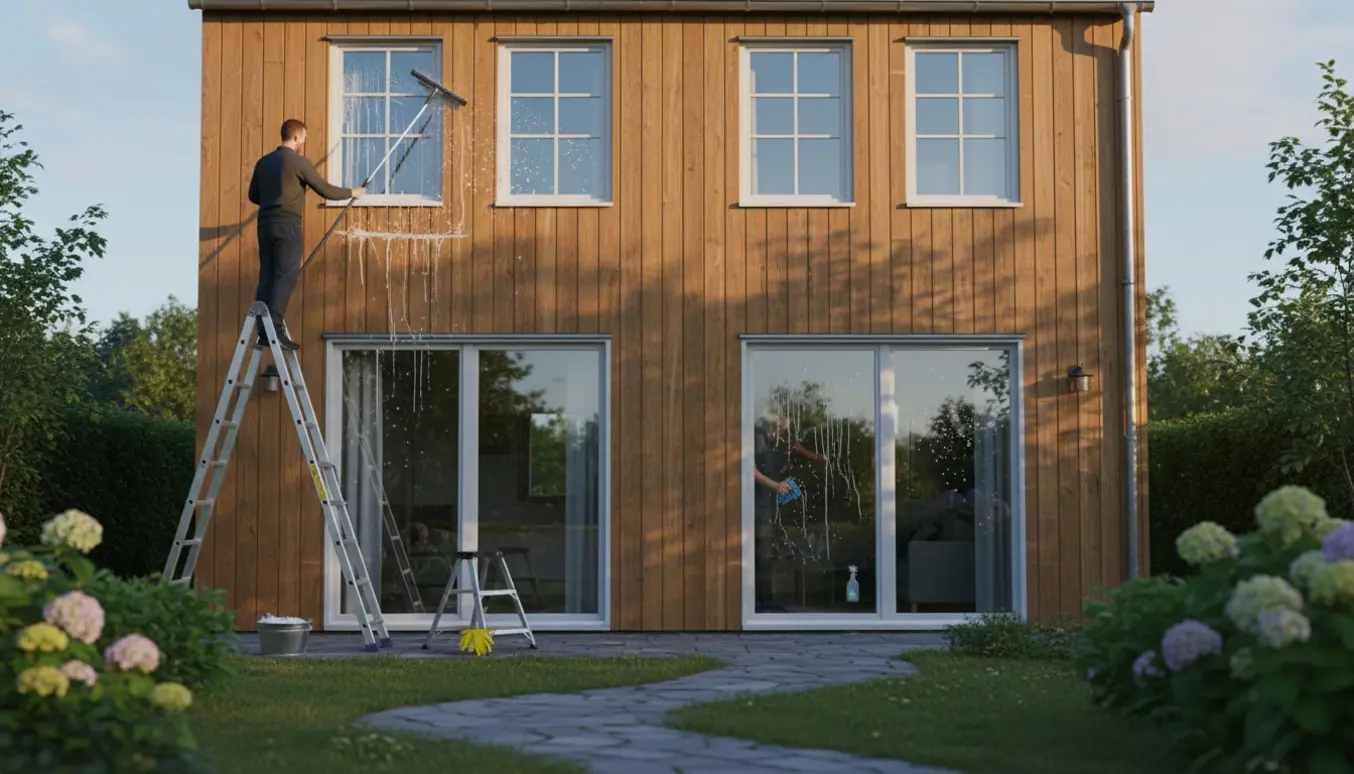 Facade af et lille hus med ti rene vinduer og tre havedøre under vinduespudsning i blødt morgenlys.