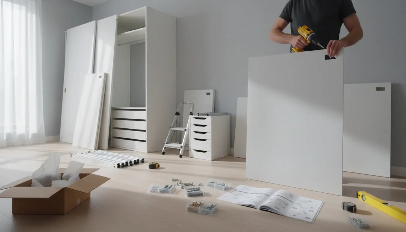 Delvist samlet IKEA PAX-garderobe i et lyst soveværelse med værktøj og åbne pakker.