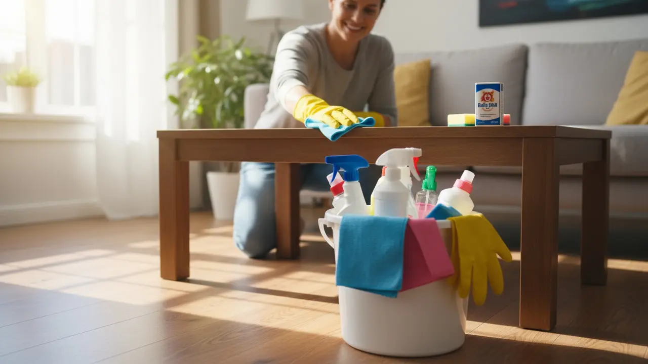 Person med gummihandsker tørrer et sofabord af, med spand af rengøringsmidler i forgrunden