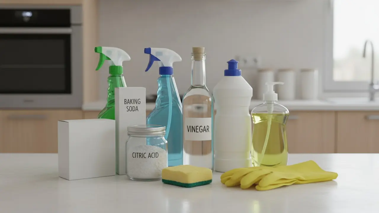 Arrangerede almindelige rengøringsmidler på køkkenbord: eddike, klorin, bagepulver, sprayflasker og handsker