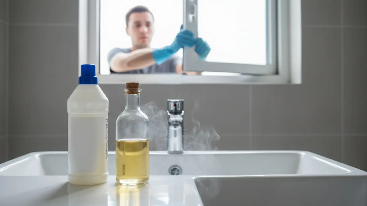 To rengøringsflasker tæt sammen ved vasken, person åbner vindue og viser forsigtighed