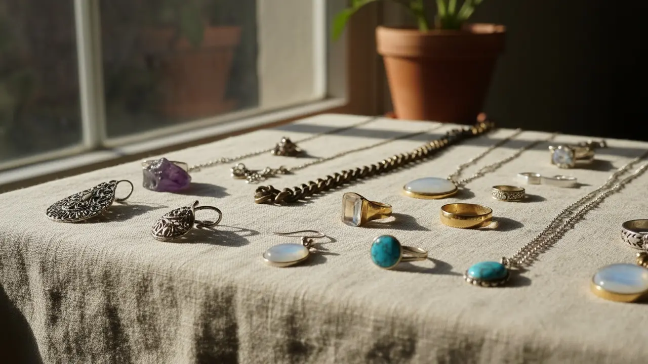 Assortiment af øreringe, halskæder og ringe lagt på lyst stof