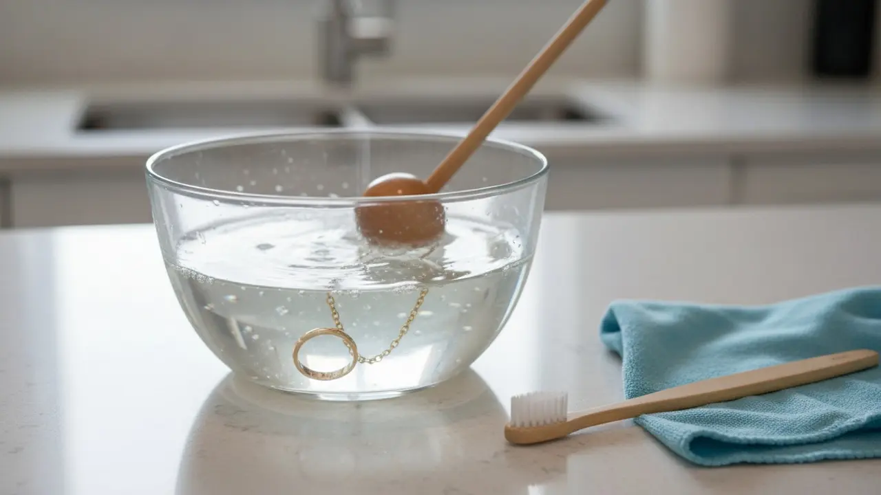 Skål med lunkent vand og opvaskemiddel med guldsmykker i blød