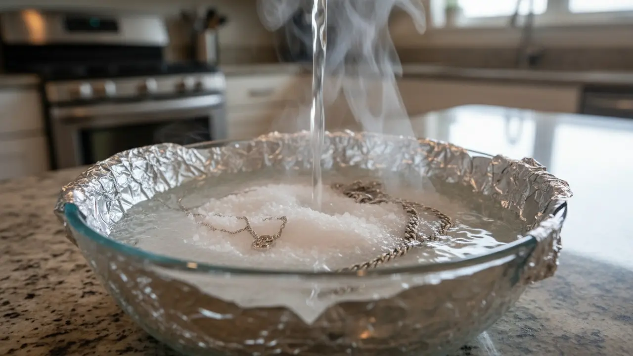 Skål foret med sølvpapir og salt hvor sølvsmykker ligger i varmt vand