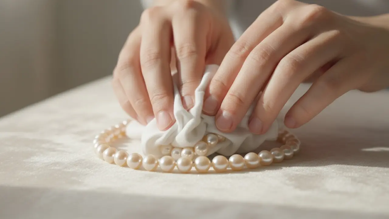 Hænder der forsigtigt tørrer en perlekæde med en blød klud