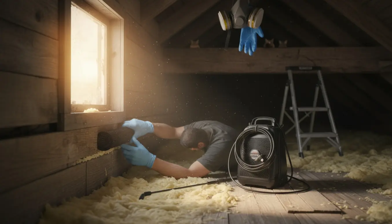 Hænder i handsker monterer en ensrettet netsluse og tætn­er loftsrevner, med en sprøjtetank i baggrunden.