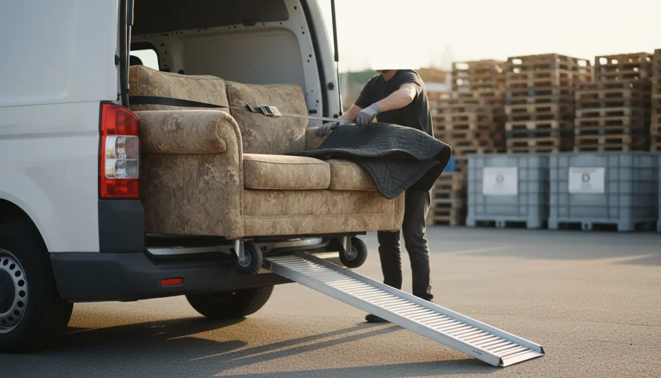 En slidt sofa læsses på en varevogn med dolly og flyttestropper ved et genbrugssted.