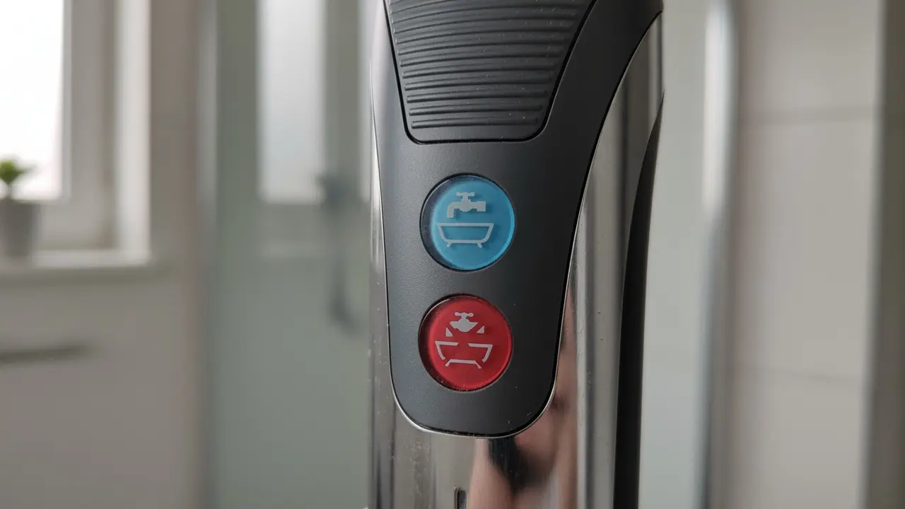 Nærbillede af barbermaskinehåndtag med vand- og overstreget vandikon