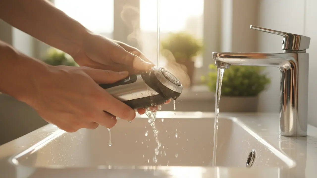 Person skyller et vandtæt barberhoved under rindende varmt vand