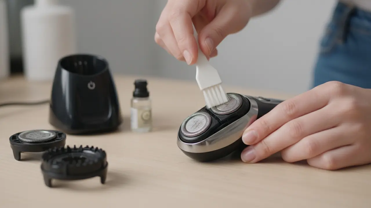 Rensebørste fjerner hår fra afmonteret skærehoved på barbermaskine