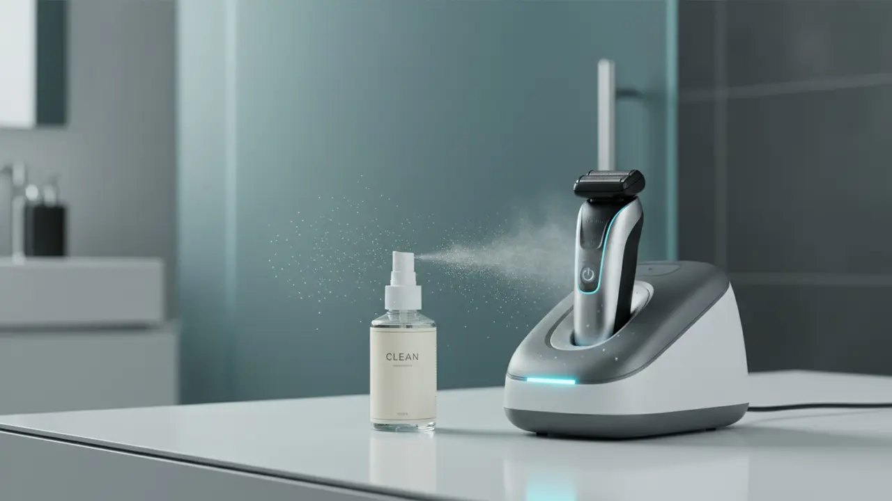 Desinficeringsspray ved siden af en SmartClean-lignende rensebasenhed med shaver
