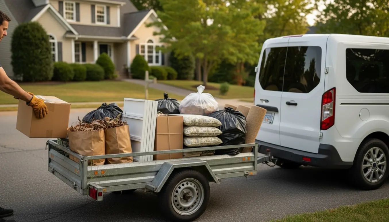 En trailer ved indkørsel fyldt med let affald, og en person læsser ind med ansigtet vendt væk.
